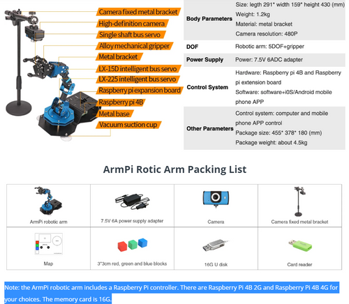 Hiwonder ArmPi Raspberry Pi 4B AI Vision Robotic Arm/ Python Program