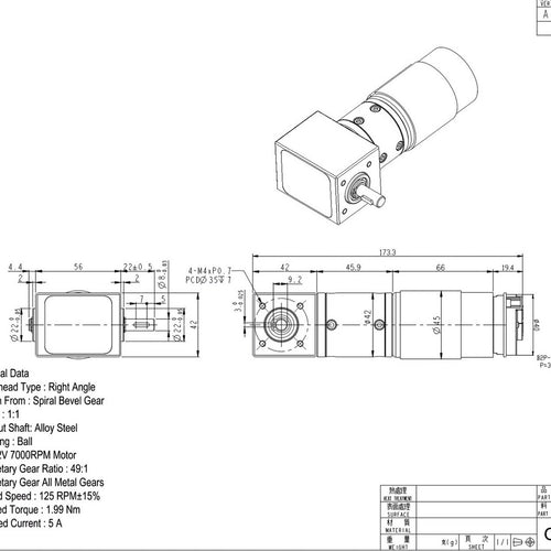 Spiral Bevel Gear Motor 12VDC 56RPM 4.5Nm Ball Bearings